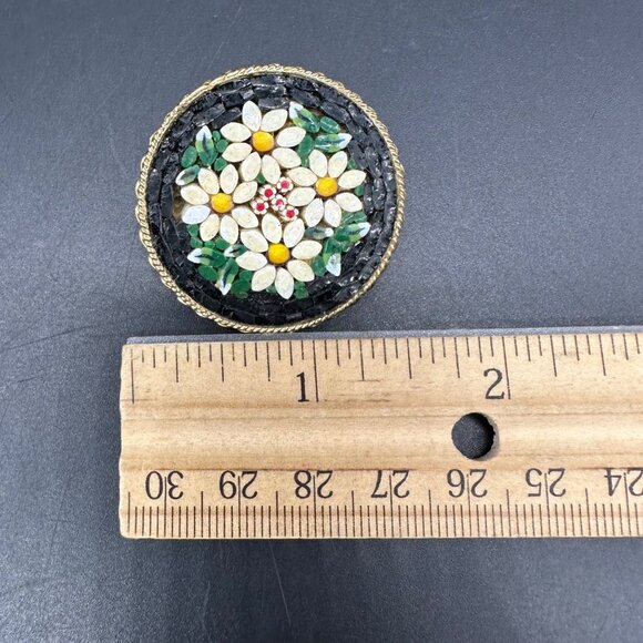 Vintage Italian Micro Mosaic Brooch Pin Daisy Flowers Gold Tone White Black - Picture 8 of 8